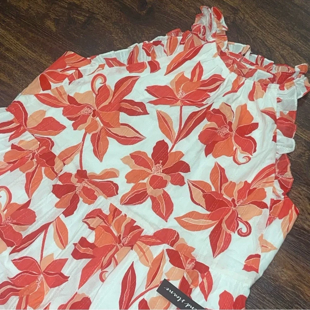 NWT Clover And Sloane Deep Coral & White Floral Tiered Cotton Dress Size Large - Picture 4 of 10
